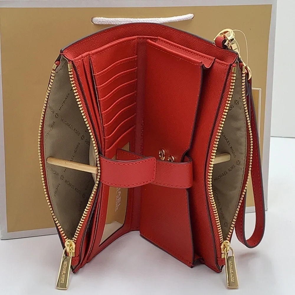 MICHAEL KORS LARGE DOUBLE ZIP WRISTLET WALLET FLAME COLOR